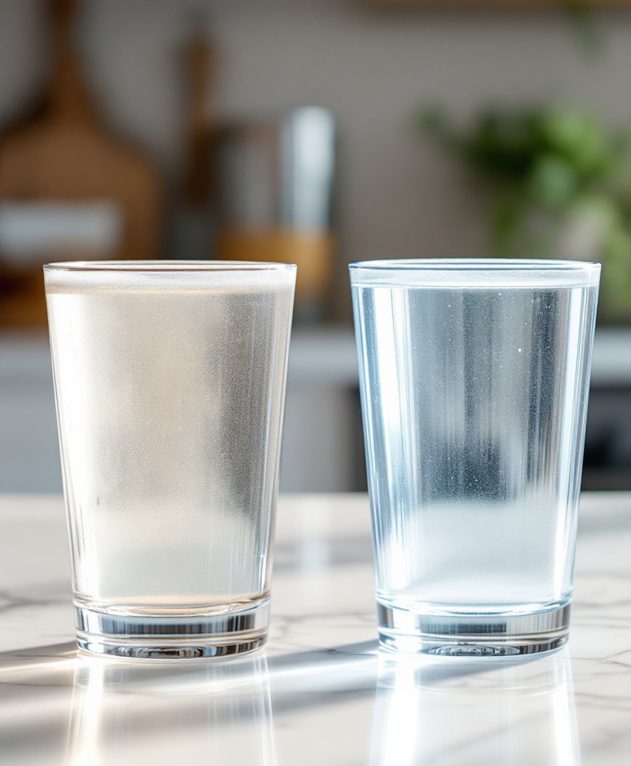 Two glasses side by side: cloudy untreated tap water vs crystal-clear water after a Honest Water system